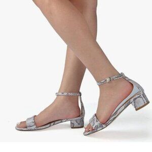 XYD Grey Snakeskin Open Toe Ankle Strap Buckled Low Chunky Heel Sandal for Dress